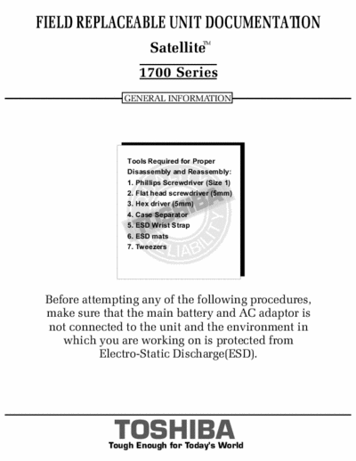 Toshiba Satellite 1700 Series Field Replaceable Unit Documentation Notebook - [Part 1/2] pag. 10